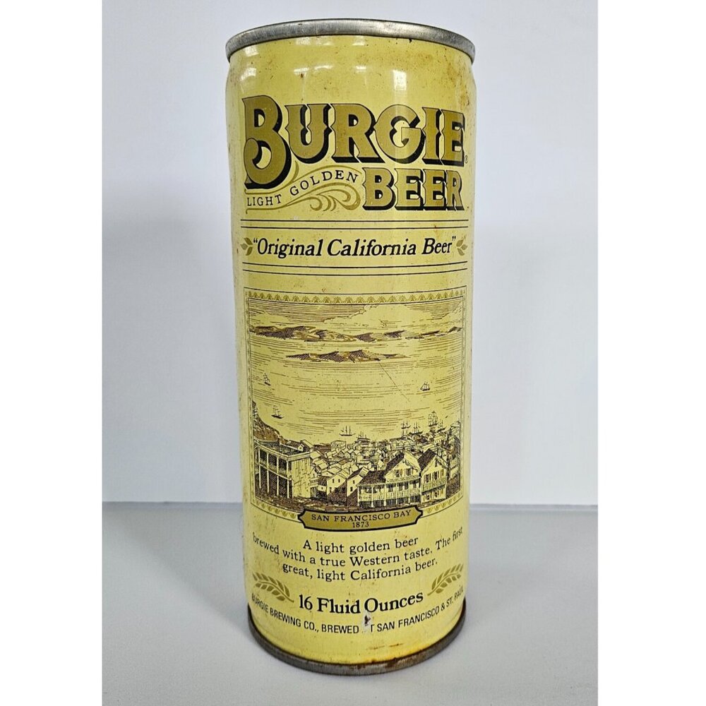 Burgie Beer TALL BOY 16 empty steel can ORIGINAL CALIFORNIA BEER San Francisco